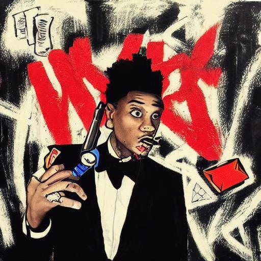 hip hop album cover with a black man in a suite smoking in the style of Basquiat