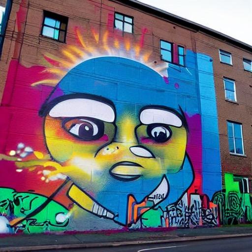 a graffiti mural of sun shining on a city