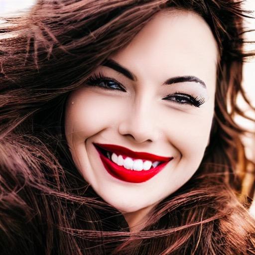 close up photo of a sexy woman with perfect teeth and brown hair wearing sexy red lipstick